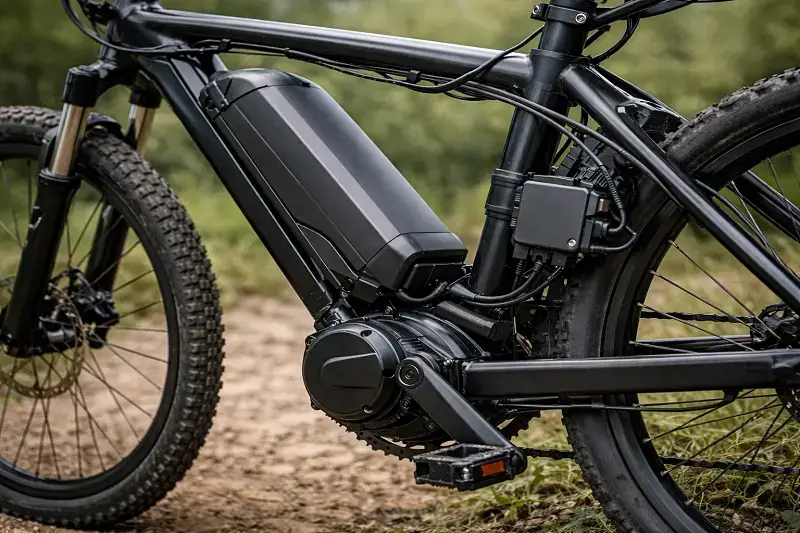 An e-bike's integrated system with motor, battery, and controller highlighted