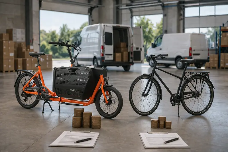 A comparison showing the higher initial cost of an e-cargo bike versus a traditional bike