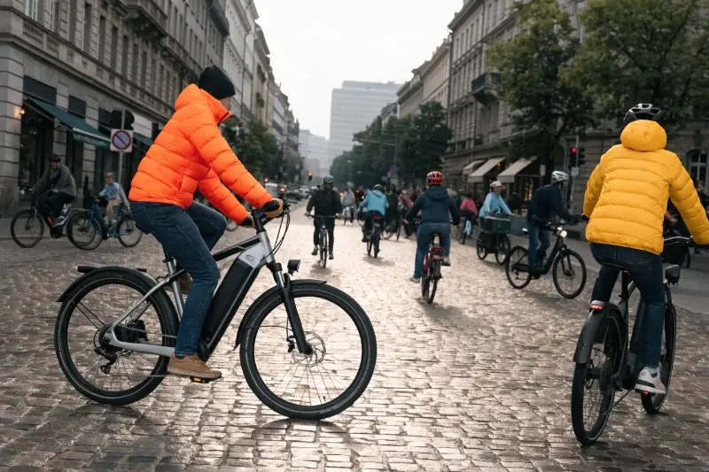 A person commuting to work on a stylish city e-bike
