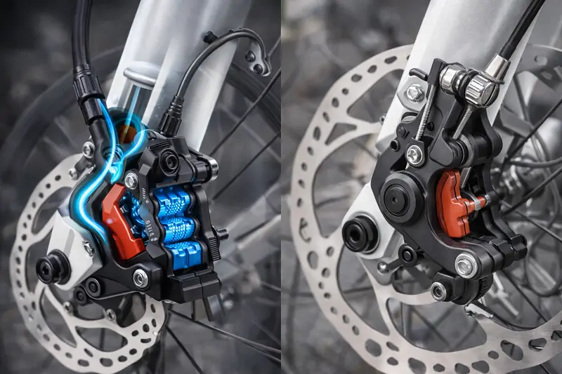 A side-by-side comparison image of a hydraulic caliper and a mechanical caliper