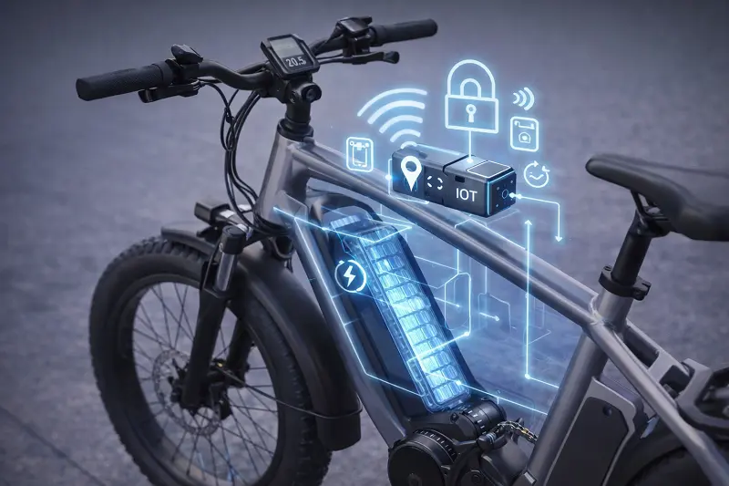 A diagram showing the integration of an IoT module with e-bike components like the battery and motor