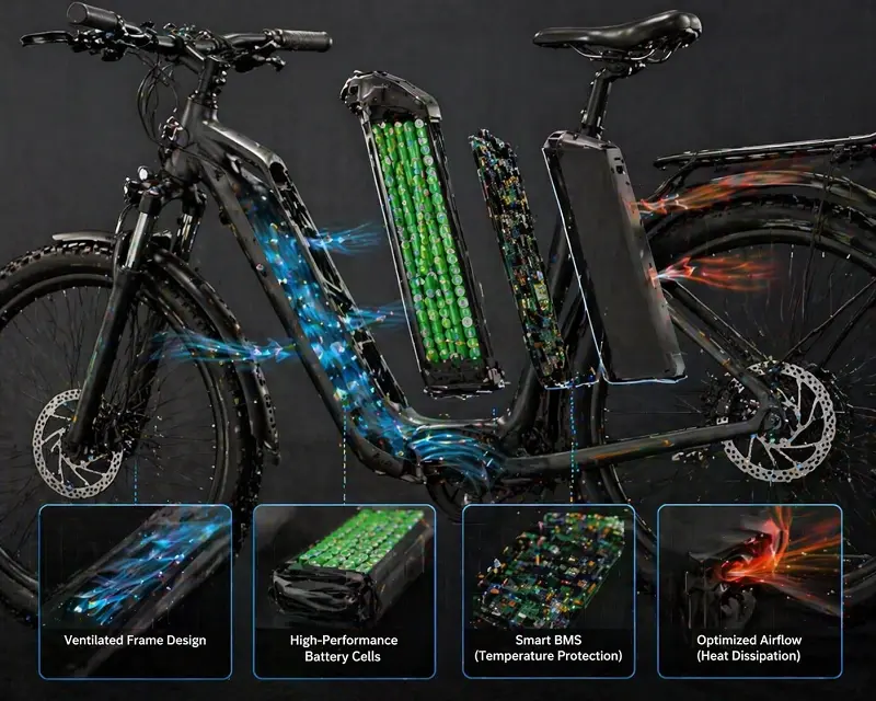 An exploded view of an e-bike showing the battery, BMS, and ventilated frame design