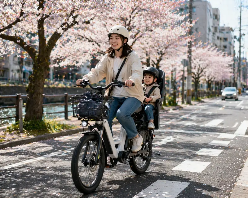 A Japanese mother with a child in a seat on her city e-bike
