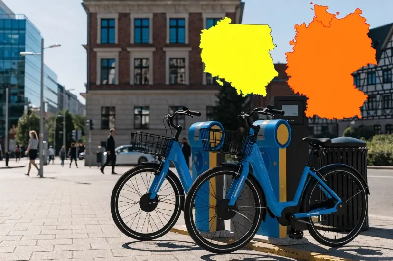 Map showing an expanded rental range with an e-bike icon