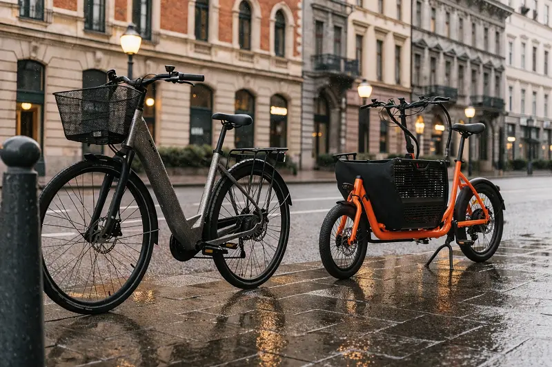 A food delivery rider on a cargo e-bike next to a person on a sleek city commuter e-bike.