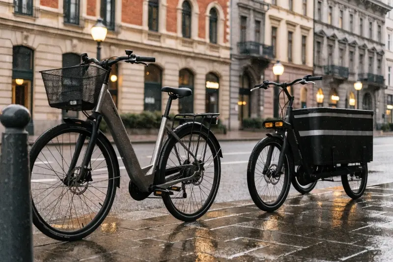 A person riding a cargo e-bike through a modern Australian city street.