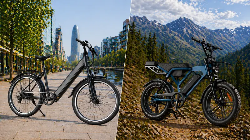 Side-by-side comparison of a city e-bike and a mountain e-bike