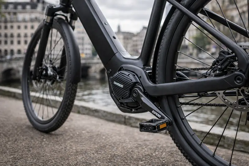 a premium e-bike with a Shimano EP8 motor in a city setting