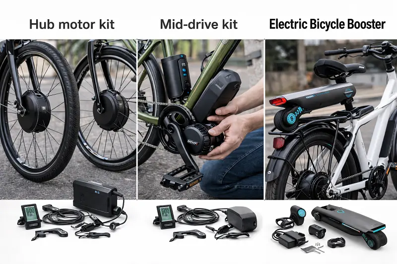 Different types of e-bike conversion kits displayed side-by-side