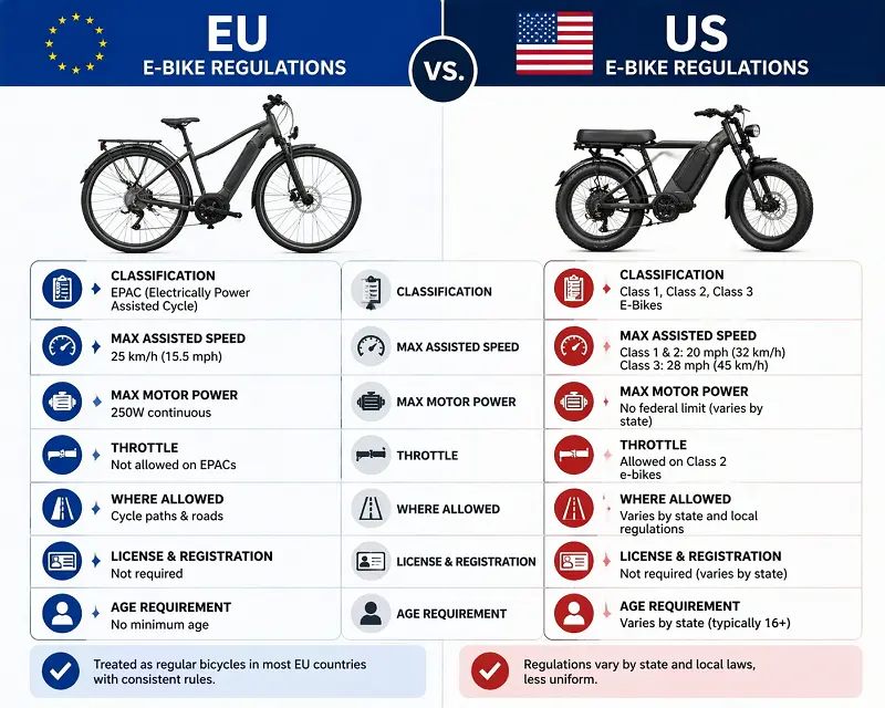 A person commuting in a US city on an e-bike with a throttle vs a person cycling for leisure in the European countryside