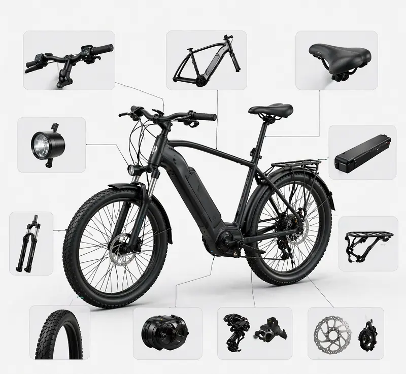 Different custom e-bike components like frames, batteries, and motors