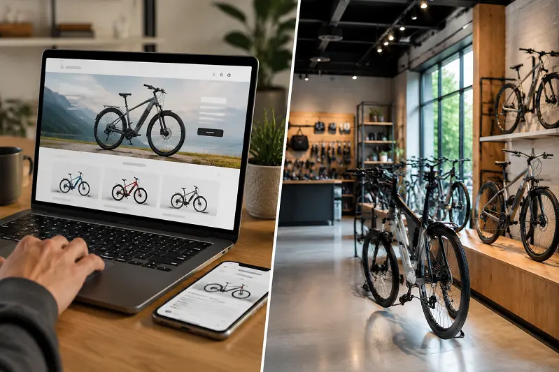 An online e-bike store on a laptop and a physical bike shop