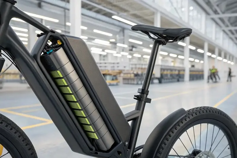 A close-up of a high-performance lithium-ion e-bike battery