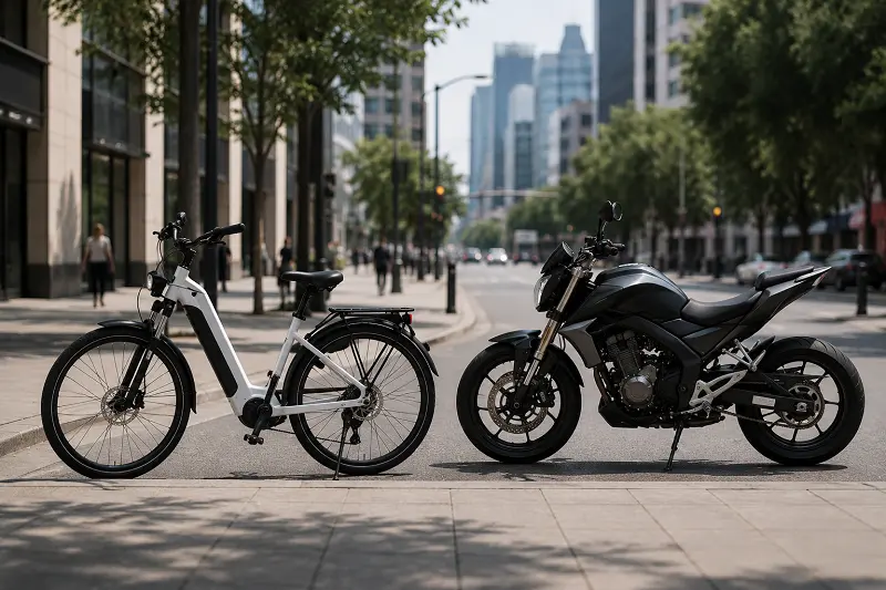 E-bike vs Motorcycle Market Entry An electric bike and a motorcycle parked side by side on a city street
