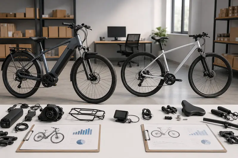 E-Bike vs Regular Bike Components An e-bike with motor and battery highlighted next to a regular bicycle