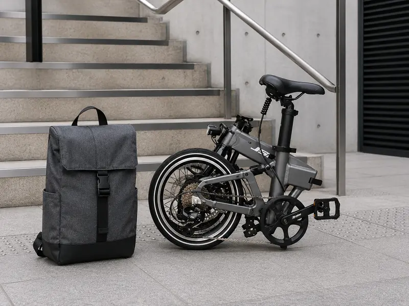 A compact folding e-bike next to a backpack.