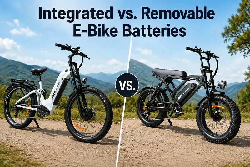An integrated e-bike battery seamlessly built into the frame, next to an e-bike with a removable battery mounted on the downtube.