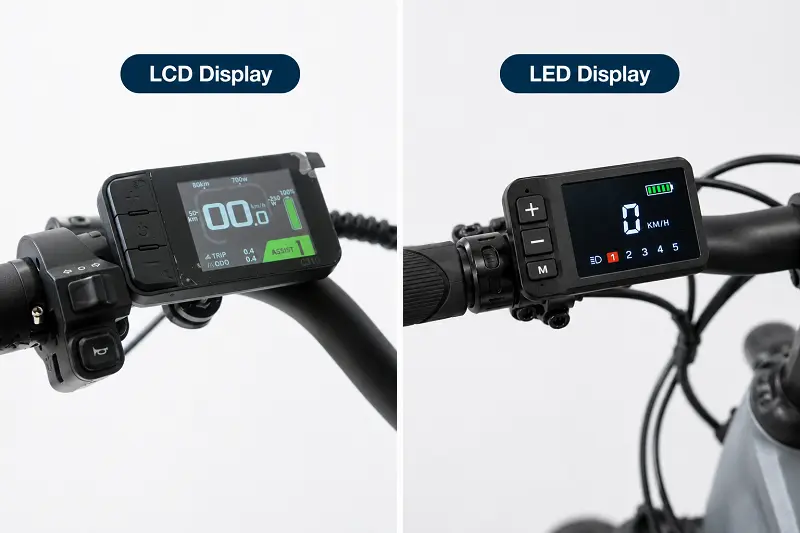LED vs LCD E-Bike Displays for Wholesale An LED display next to an LCD display on an e-bike handlebar