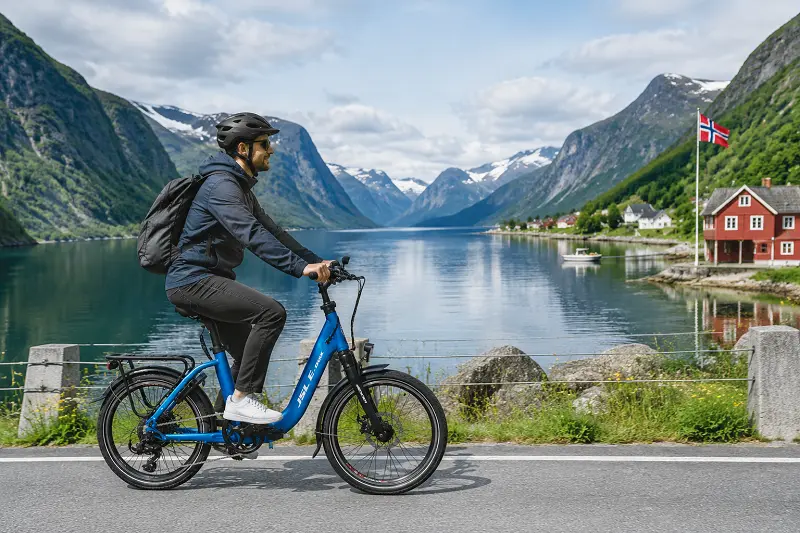 Norwegian E-Bike Market Analysis A person riding an e-bike along a scenic Norwegian fjord