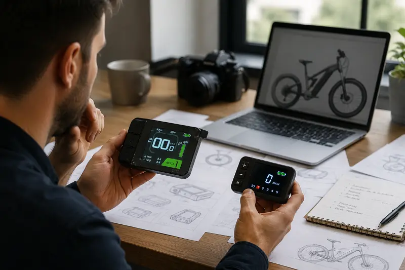 Strategic E-Bike Display Choice for OEM ODM A business owner comparing LED and LCD display options for their e-bike brand