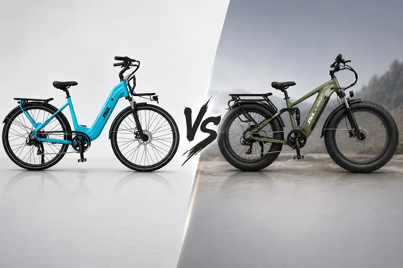 700C vs 26-Inch E-Bikes A 700C city e-bike next to a 26-inch e-bike to show the difference in wheel size and frame style.