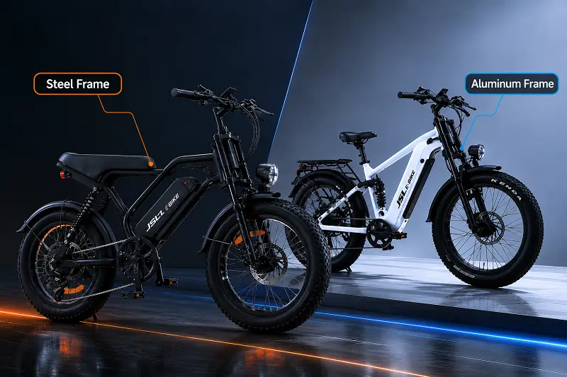 Aluminum vs. Steel E-Bike Frames An image comparing a sleek aluminum e-bike frame with a robust steel e-bike frame