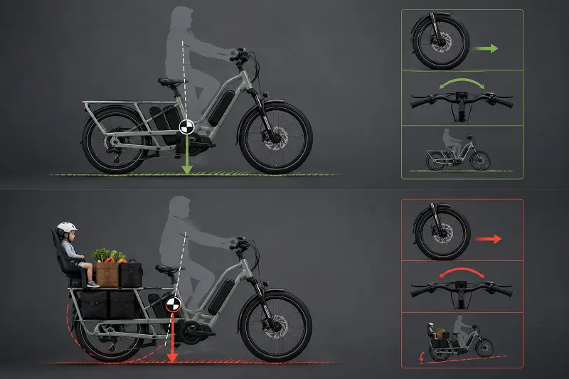 Diagram showing the change in center of gravity on a loaded cargo e-bike.