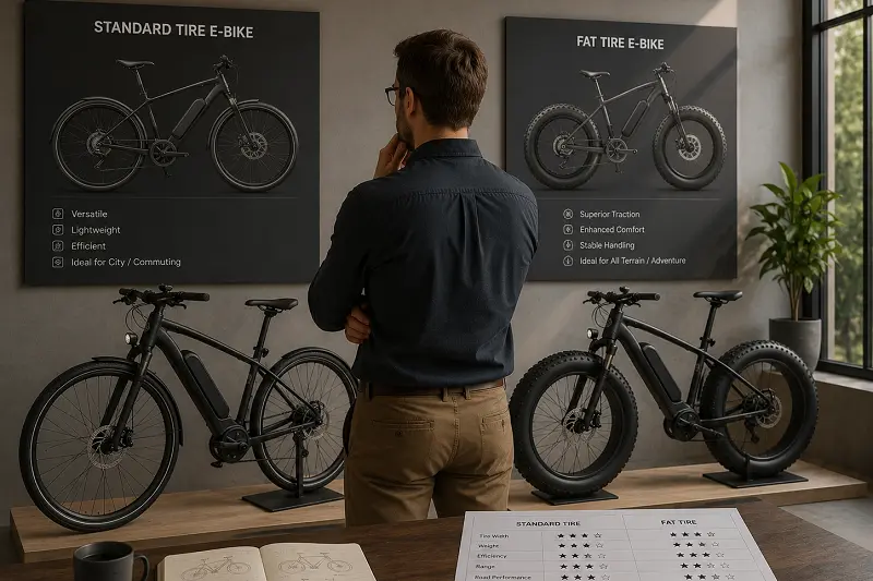 Choosing an E-Bike OEM/ODM Strategy A business owner looking at blueprints for both a regular tire and a fat tire e-bike.