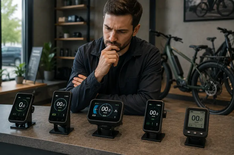 A buyer comparing different e-bike displays based on looks