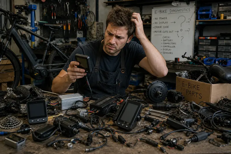 A technician surrounded by e-bike parts, looking confused.