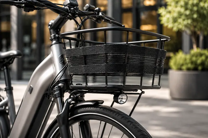 Close-up of a stylish front basket on a city e-bike