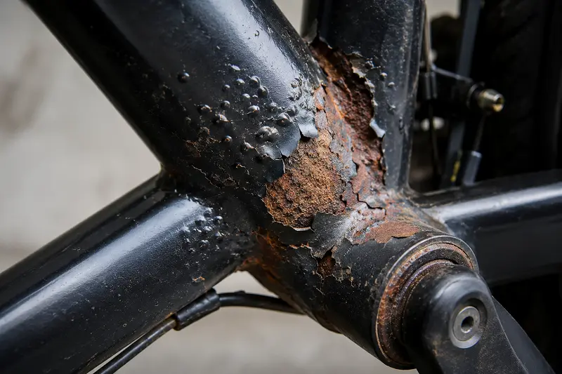Corrosion Under Paint on E-Bike Frame A close-up image showing paint bubbling and peeling away from a rusty metal joint on a bicycle