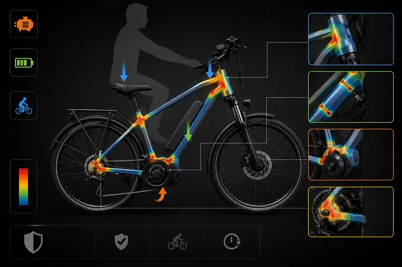 E-Bike Frame Stress Points Diagram showing stress points on an e-bike frame from motor, battery, and rider