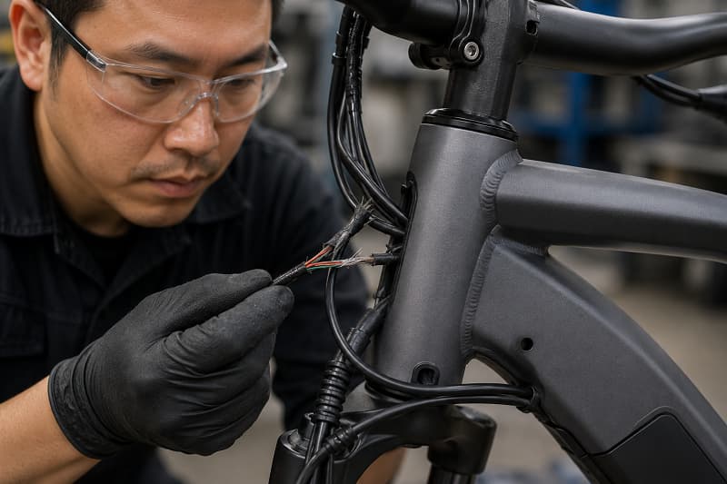 E-Bike Harness Failure A technician inspecting a frayed e-bike wire near the head tube.