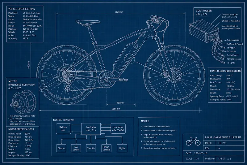 E-Bike OEM/ODM Design Strategy An engineering blueprint of an e-bike with notes on motor and controller