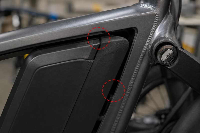 A close-up of an e-bike battery compartment showing a poor fit