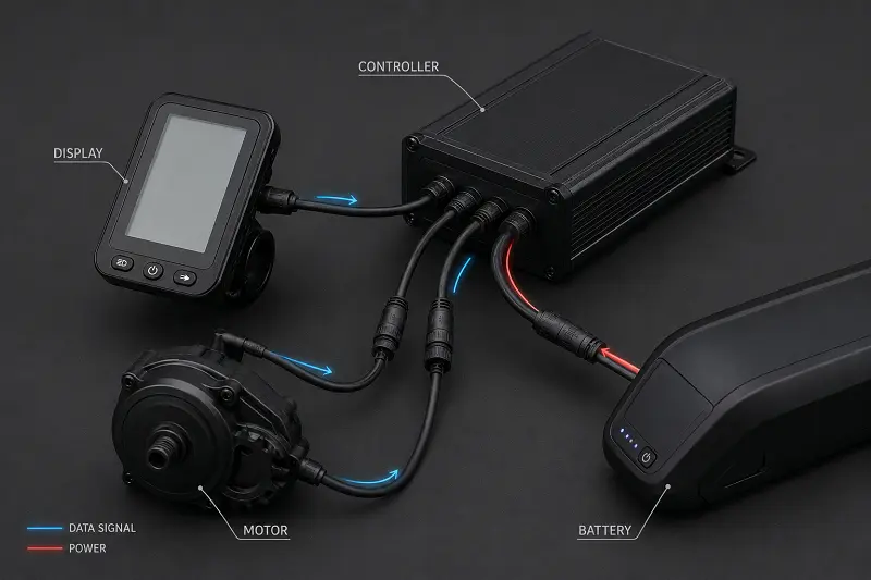 An e-bike display and controller shown as interconnected parts