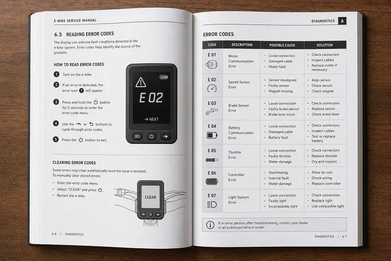 A clear and concise e-bike service manual open to the error codes page.