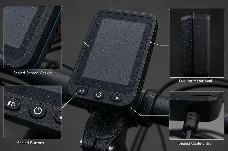 Detailed shot of an e-bike display's seals and buttons.