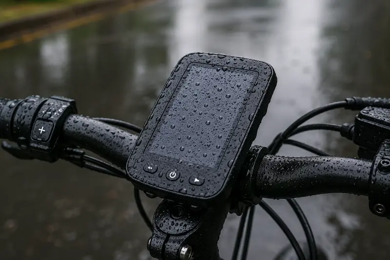 A close-up of an e-bike display in the rain, showing water beading on the surface.