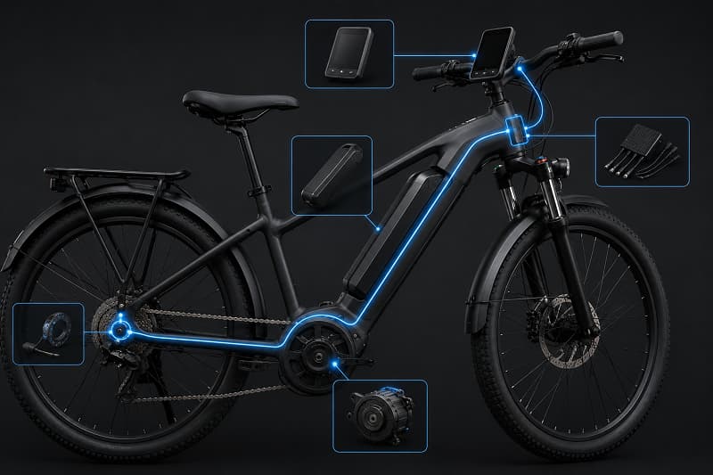 E-bike electronic system stability test An integrated e-bike electronic system showing connections between motor, battery, and display.