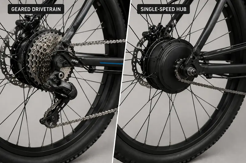 An e-bike drivetrain with gears next to a single-speed e-bike hub