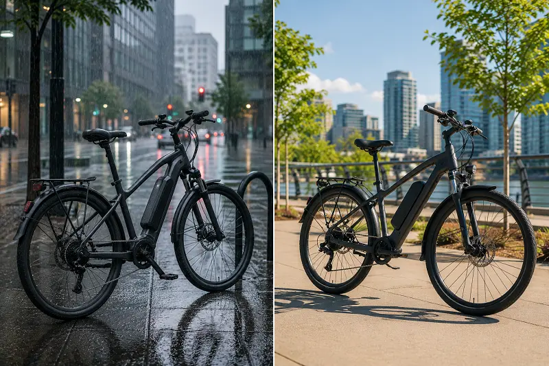 An e-bike parked in a rainy city versus one in a sunny, dry location.