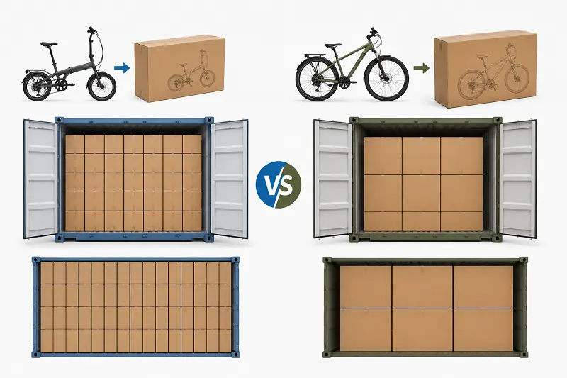 E-bike shipping container optimization by wheel size A diagram showing more 20-inch bike boxes fitting into a shipping container compared to 26-inch bike boxes.