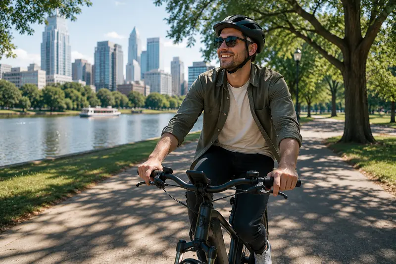 Natural E-Bike Riding Experience A person happily riding an e-bike in the city