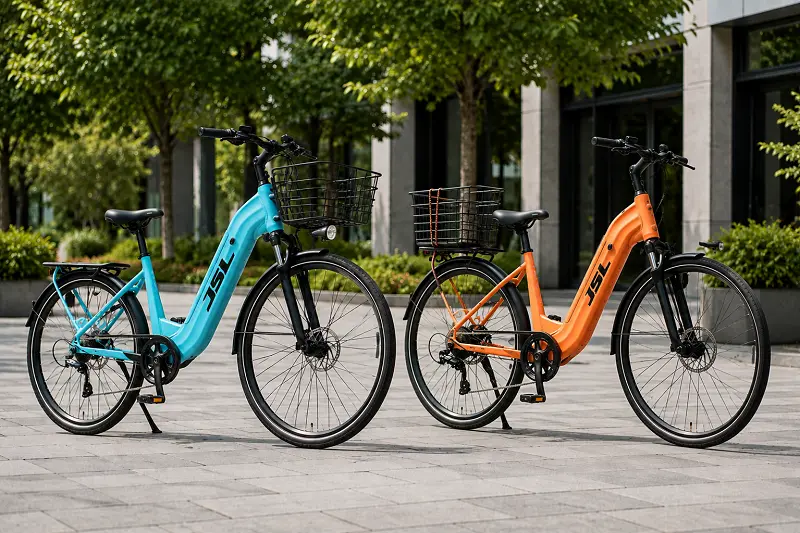 A city e-bike with a front basket and another with a rear rack side-by-side
