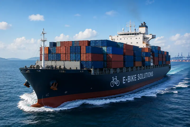 Global E-Bike Export and Shipping A container ship on the ocean, representing international shipping and logistics for e-bikes
