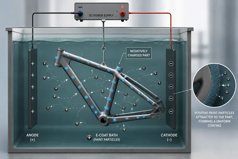 How E-Coating Works A diagram illustrating the electrophoretic coating process with positive and negative charges attracting paint to a metal part
