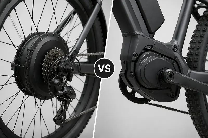 Hub Motor vs. Mid-Drive Motor for OEM E-Bikes A hub motor on a city e-bike wheel next to a mid-drive motor integrated into a mountain bike frame.