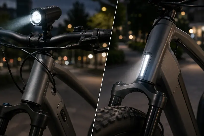 An independent e-bike front light mounted on the handlebars and a sleek integrated light built into the frame.